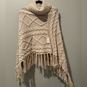 Forever 21 Creamy Tan Crocheted Woven Turtleneck Fringe Sweater Poncho